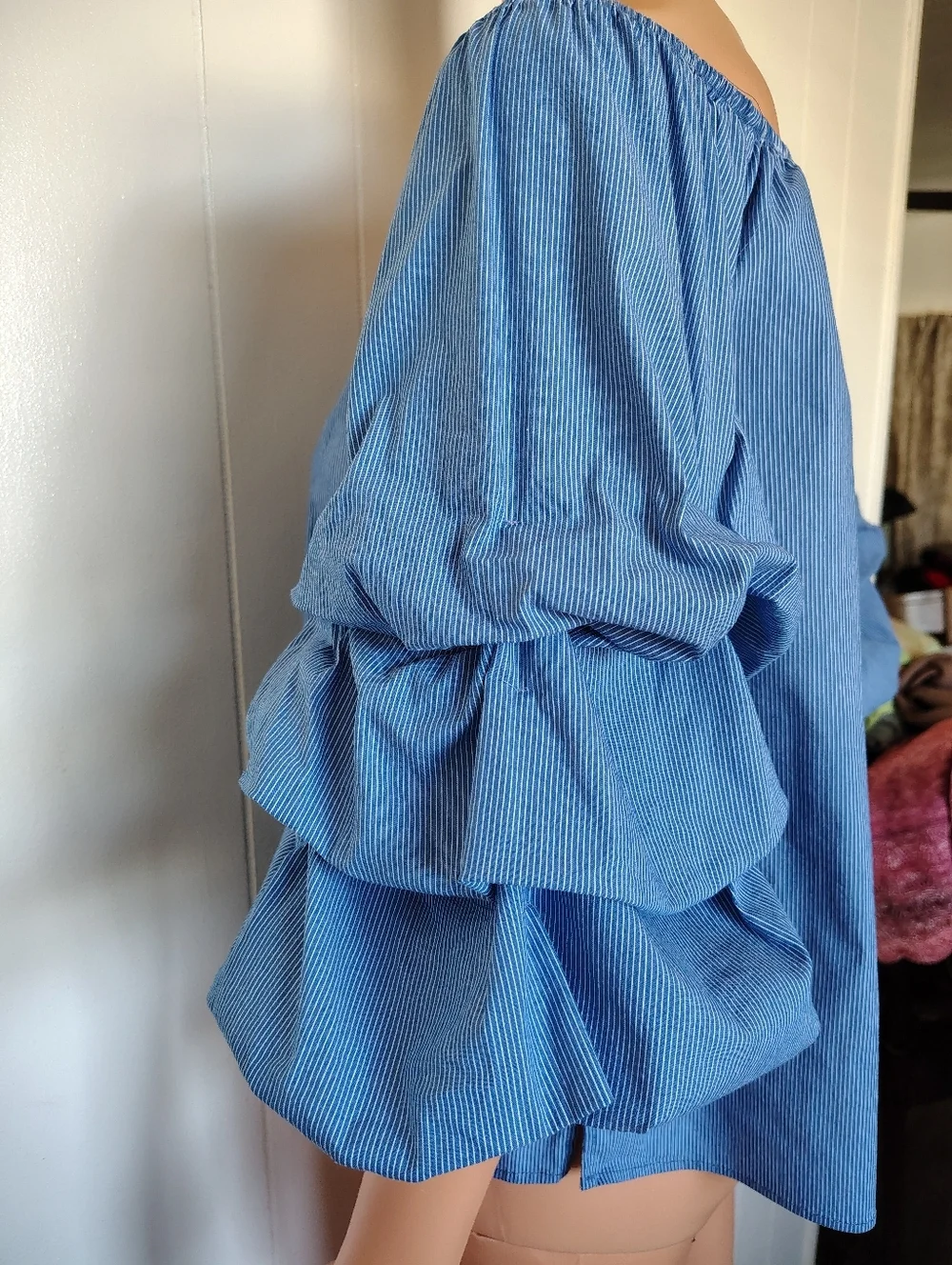 Zara Blue Striped Off-Shoulder Puff Sleeve Top Size S.